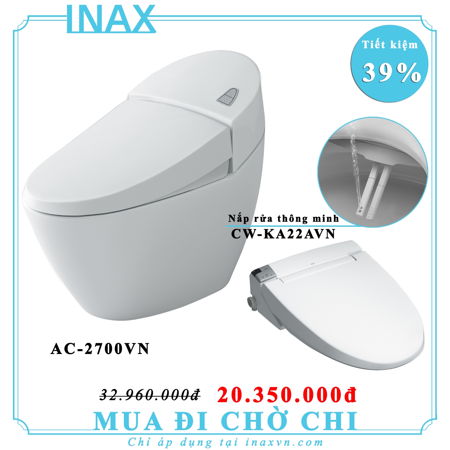 Bồn cầu liền 1 khối inax AC-2700VN + nắp rửa CW-KA22AVN